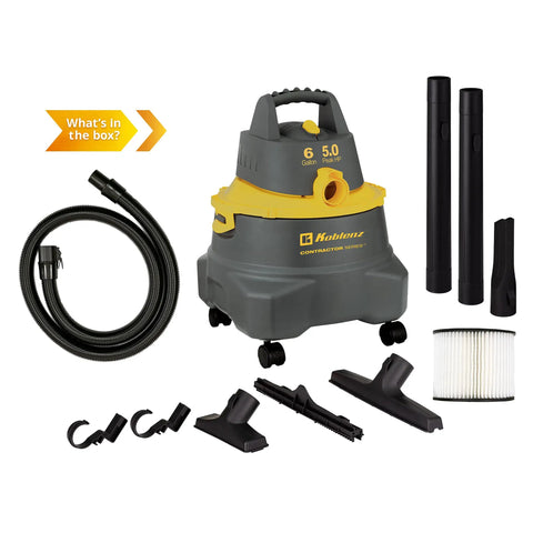 Contractor Wet Dry Vacuum For Jobsite, 6 Gallon Workhorse Powerhouse, 960W shown with accessories like hose and filters