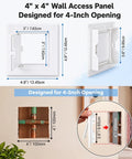 12 Pack White Plastic 4x4 Access Panels for Drywall Ceilings with a Nifty Hidden Hinge Mechanism, dimensions shown.
