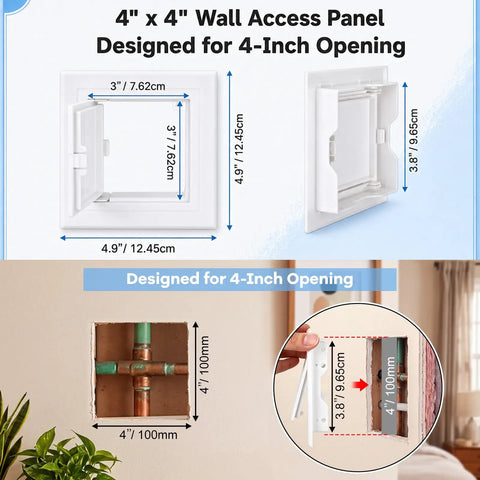 12 Pack White Plastic 4x4 Access Panels for Drywall Ceilings with a Nifty Hidden Hinge Mechanism, dimensions shown.