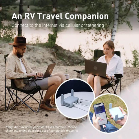 Travel WiFi 6 Router With 2.5G WAN Port And USB 3.0, Dual Band AX Pocket VPN Router in use outdoors by RV travelers