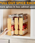 Make Your Kitchen Sing With Heavy Duty Bamboo Pull Out Spice Rack Cabinet Organizer Slick Slide Out Pantry Drawer System Three Tier Seasoning Storage Smooth Glide Natural Wood Finish with spices in kitchen cabinet.