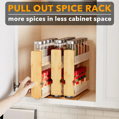Make Your Kitchen Sing With Heavy Duty Bamboo Pull Out Spice Rack Cabinet Organizer Slick Slide Out Pantry Drawer System Three Tier Seasoning Storage Smooth Glide Natural Wood Finish with spices in kitchen cabinet.