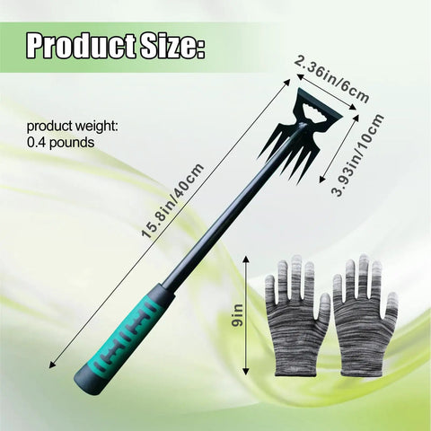Two Pack Weed Puller Tool With Six Teeth Manganese Steel Garden Hand Weeder Durable Root Uprooting Tool For Lawn And Garden Easy Dig And Pull No Sweat Includes Rubber Gloves, 15.8in tool with 9in gloves