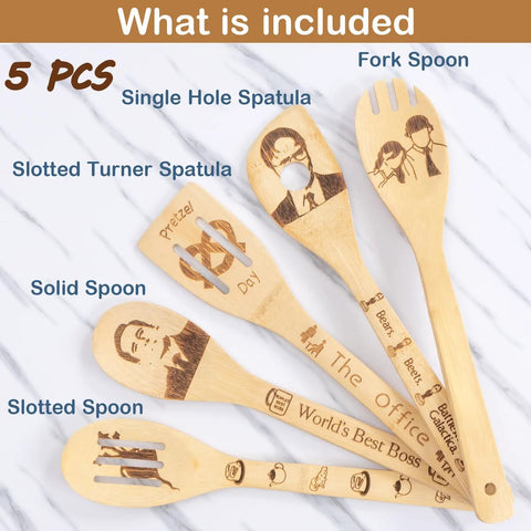 TV Show Themed Wooden Spoons Set With Holder, 6 Piece Kitchen Utensils For Cooking And Serving, Nonstick Safe, collectible designs