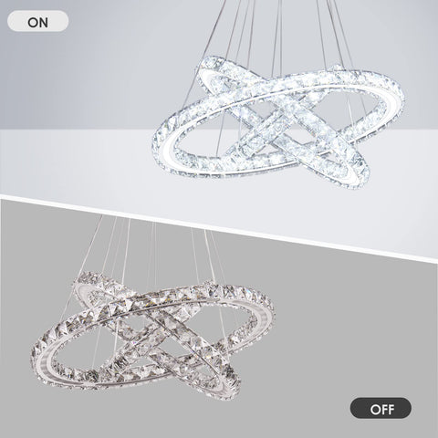Modern LED Crystal Ring Chandelier Pendant Light With Three Rings, Adjustable Hanging Height 12 To 48 Inches, Cool White 4500K