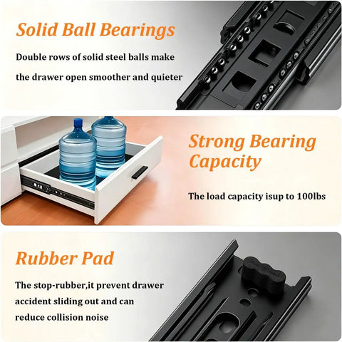 Beefy Heavy Duty 100 Lbs Drawer Slides With 3 Section Full Extension Smooth Quiet Ball Bearing Black Side Mount Glides details