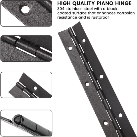 Rock Solid 18 Inch Black Piano Hinges 4 Pack 304 Stainless Steel Heavy Continuous Hardware For Folding Cabinets And Rust Proof Outdoor Projects Totally Built Different close-up view of hinge joints and mounting holes.