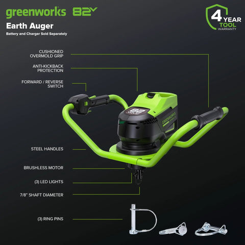 Diagram of 82V Brushless Earth Auger Power Head With 4.0Ah Battery And Dual Port Charger, highlighting features, parts, and accessories.