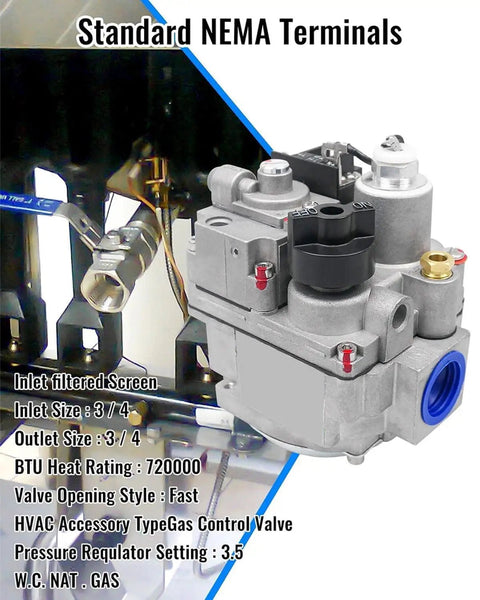 Gas Valve 720000 BTU H High Flow Furnace Valve Replacement with NEMA terminals, metallic parts, and pressure regulator.