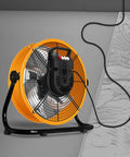 Heavy Duty Industrial Fan With Serious Breeze And Rock Solid Metal Build 45 Degree Tilt Rotary Controls, yellow and black design.
