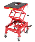 Heavy Duty Hydraulic Motorcycle Lift Table With 350 Lb Capacity Wide Deck Foot Operated Jack J Hooks Four Wheels Perfect For ATVs And Dirt Bikes Maintenance And Repairs