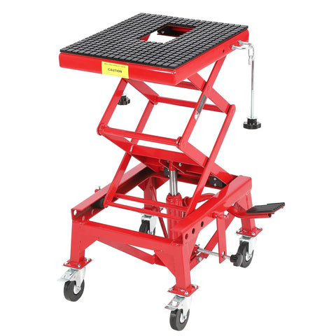 Heavy Duty Hydraulic Motorcycle Lift Table With 350 Lb Capacity Wide Deck Foot Operated Jack J Hooks Four Wheels Perfect For ATVs And Dirt Bikes Maintenance And Repairs