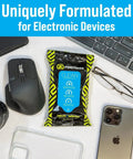 On The Go Tech Wipes Pack Of 3, 25 Count Each, Travel Size Skin Safe Clean device wipes on desk with electronics and accessories.