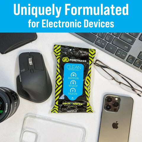 On The Go Tech Wipes Pack Of 3, 25 Count Each, Travel Size Skin Safe Clean device wipes on desk with electronics and accessories.