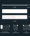 Under Cabinet LED Kitchen Light 24 Inch Plug In Linkable Fixture With 12W 960 Lumens Stepless Dimmable Five Color Modes 3000K To 5000K Ultra Thin 0.31 Inch ETL Listed Easy Install dimensions with power cables and connectors