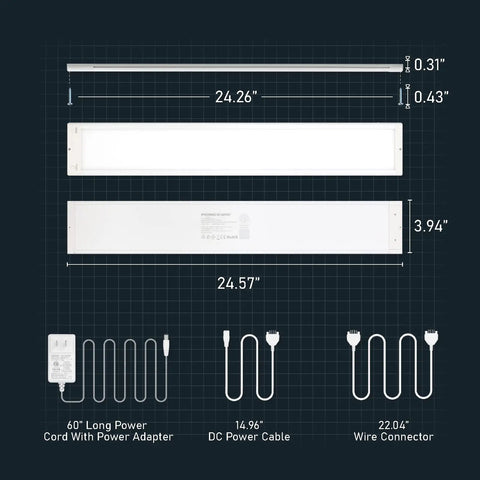 Under Cabinet LED Kitchen Light 24 Inch Plug In Linkable Fixture With 12W 960 Lumens Stepless Dimmable Five Color Modes 3000K To 5000K Ultra Thin 0.31 Inch ETL Listed Easy Install dimensions with power cables and connectors
