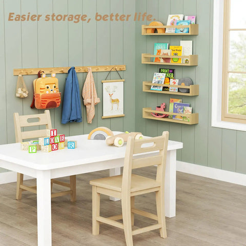 Natural Wood Wall Coat Rack Set Of 4 Wall Mount Hooks For Towels Hats Keys And Shoes And Vertical Coat Hanger in kids room