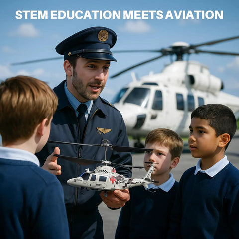 Pilot teaching children with Rescue RC Helicopter for Beginners, Lifelike Remote Control Copter With Upgraded Protection System.