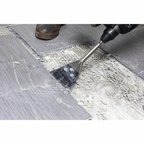 5 Inch Wide Floor Scraper Replacement Kit For SDS Plus Bulldog Tools with durable steel blade in action removing mortar
