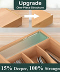 Compact Bamboo Kitchen Drawer Organizer Grooved Slots Keep Silverware Utensils Flatware depth measurement showing structured design.