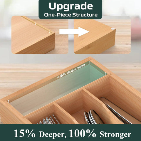 Compact Bamboo Kitchen Drawer Organizer Grooved Slots Keep Silverware Utensils Flatware depth measurement showing structured design.