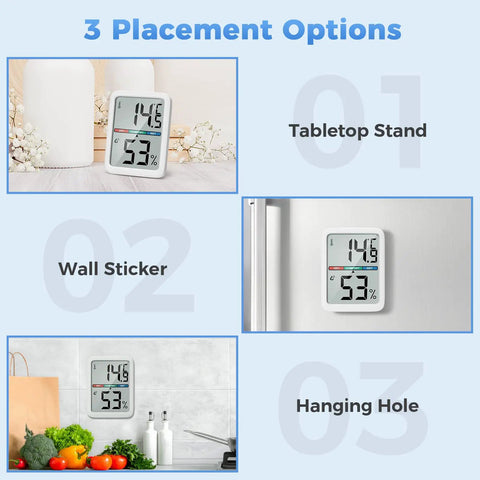 Digital Thermometer Hygrometer With Large LCD Indoor Temperature And Humidity Monitor Wall Mounted Climate Gauge For Home Office Or Greenhouse Ultra Accurate Readouts And Easy Color Coded Comfort Indicators tabletop stand, wall sticker, hanging hole