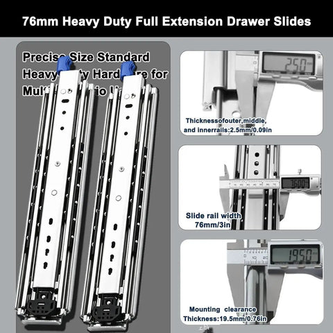 Heavy Duty Side Mount Locking Drawer Slides With Full Extension, 1 Pair, Smooth Ball Bearing Action For RV Cabinets, Trucks, And Industrial Drawers, No Hassle Install And Unobstructed Access To Back Items., 76mm wide steel slides