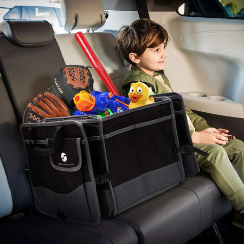 Trunk Organizer With Cooler For Cars, Collapsible Trunk Storage Container with toys inside on a car seat