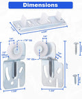 Dimensions of Sliding Closet Door Roller Kit For 3/4 To 1-3/8 Inch Thick Doors With Scroll Wheel Tracks and screws displayed.