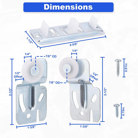 Dimensions of Sliding Closet Door Roller Kit For 3/4 To 1-3/8 Inch Thick Doors With Scroll Wheel Tracks and screws displayed.
