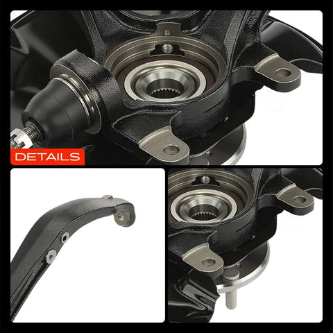 Close-up view of Premium Heavy Duty Front Left Steering Knuckle And Wheel Bearing Hub Assembly Fits Honda Accord 2008 2012 Acura Tsx 2009 2014 With Dust Shield.