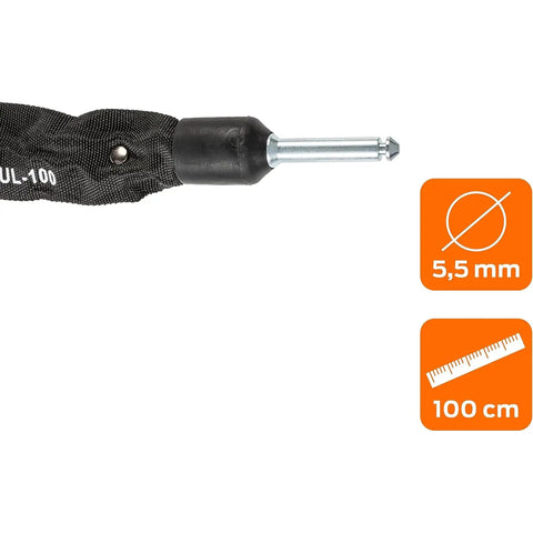 100 cm Plug-In Chain Bike Lock With 5.5 MM Hardened Steel Links Built Tough for Bicycles and Scooters, showing plug-in pin