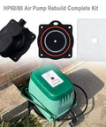 Air Pump Rebuild Complete Kit For 60 And 80 Aerators with white switch, seals, and gaskets displayed on a green pump