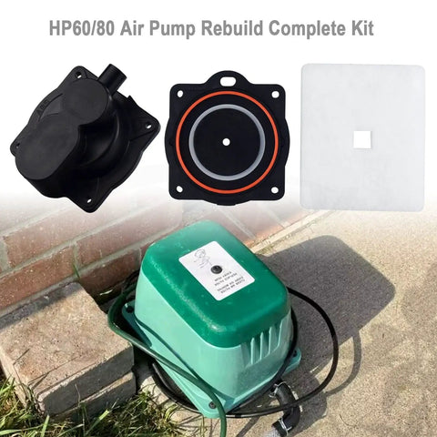 Air Pump Rebuild Complete Kit For 60 And 80 Aerators with white switch, seals, and gaskets displayed on a green pump