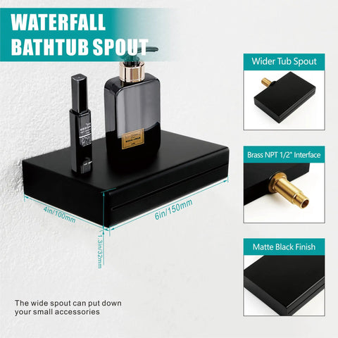 Waterfall Wall Mount Bathroom Faucet With Dope Matte Black Finish, wider bathtub spout, brass interface, product dimensions shown.