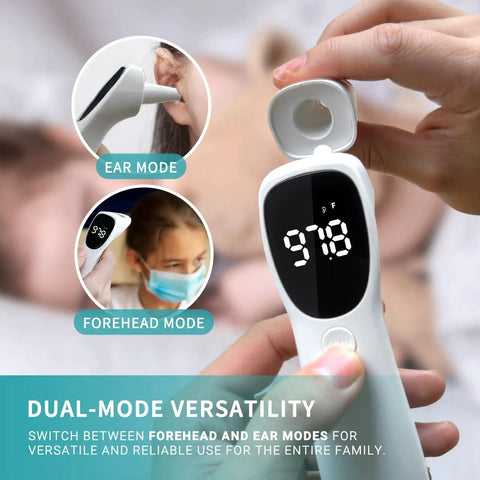Dual Mode Infrared Thermometer No Contact Forehead And Ear For Adults Kids And Babies With Fever Alarm 1 Second Reading 32 Memory Recall Easy Switch Anytime white handheld digital display ear and forehead modes