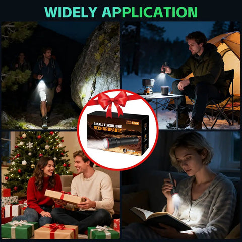 Collage of Six Pack Rechargeable LED Flashlights With High Lumen Output in various uses: hiking, camping, gifting, and reading.