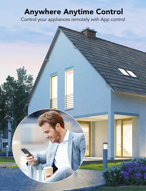 Man using phone to control Dual Smart Plug 4 Pack With WiFi Bluetooth Outlet, 15A, Works With Alexa And Google Assistant outside house