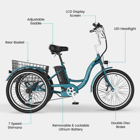 Electric Trike for Adults With Stable Three Wheel Design, Easy Low Step Frame, Up to 60 Mile Range, 24 or 26 Inch Wheels, Comfortable Adjustable Seat, Perfect for Seniors and Beginners, Smooth Everyday Rides, rear basket and LCD display