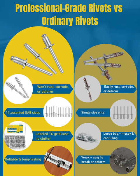 Image comparing professional-grade rivets to ordinary rivets with features of 500 Piece Pop Rivets Assortment Kit With 14 SAE Aluminum Blind Rivets.