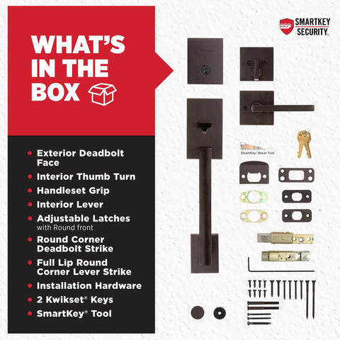 San Clemente Front Door Lock Handle And Deadbolt Set components, including handleset, keys, and SmartKey tool, in packaging list.