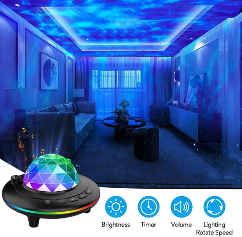 Galaxy Night Light Projector With Remote Control, 360 Degree Rotating Starry Sky And Ocean Wave illuminating a living room