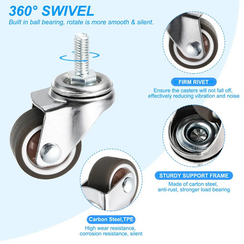 1 Inch Mini Swivel Caster Wheels 4 Pack Threaded Stem Casters M6x15mm Bolt Base showing 360 swivel and TPE wheel design in brown.