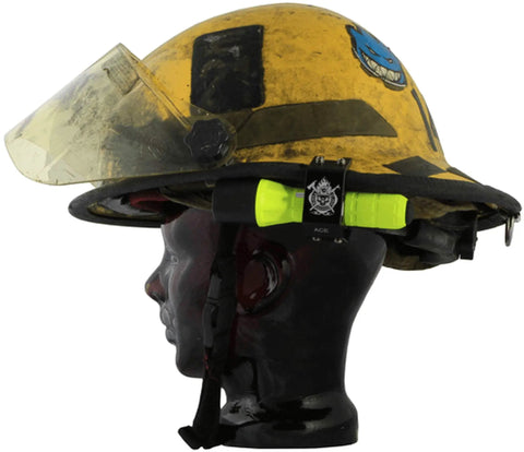 Lightweight Aluminum Flashlight Holder for Brimmed Firefighter Helmets, Fits Round Tactical Lights Up To 1 Inch From Pelican, Streamlight, And Surefire, Not For Helmet Cameras, Built From 6061 Aircraft Aluminum, Only 2 Oz, mounted on yellow firefighter helmet side view