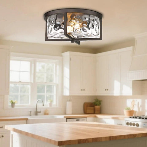 13 Inch Hammered Glass Flush Mount Ceiling Light In Dark Bronze Finish For Kitchen Dining And Hallway Must Have Modern Close To Ceiling Fixture With Antique Vibe, Cozy Warm Glow And Easy Install, shown in kitchen