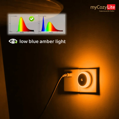 Amber Night Light Plug In Dusk To Dawn Sensor emits amber glow highlighting blue light blocking feature
