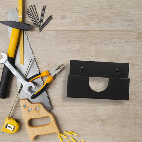 Angle Grinder Holder Wall Mount Rack For Garage And Workshop, Heavy Duty Iron Tool Organizer, shown with various tools on a wood table.