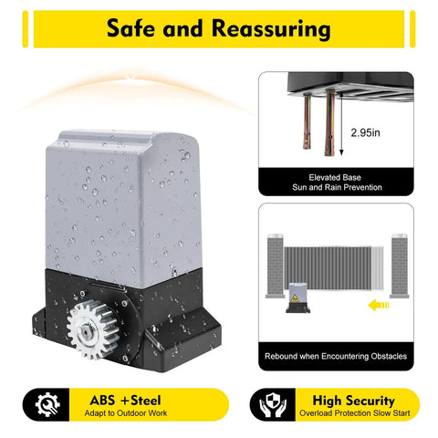 Heavy Duty Automatic Sliding Gate Opener Kit With 750W AC Motor And Two Remotes, IP44 metal housing with rain droplets.