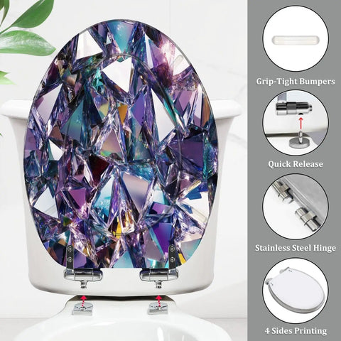 Elongated Toilet Seat Quiet Close Bathroom with diamond pattern, 14.5"x18.5", features stainless steel hinges and grip-tight bumpers.