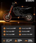 Electric Dirt Bike For Teens And Adults With 3500W Peak Power 38 To 46 Mph Top Speed 53 Mile Range 48 Volt 23Ah Battery Mid Drive Motor Hydraulic Dual Shock Absorbers Orange And Black With Lock For Off Road Thrill Seekers, side view with 62.9 in length